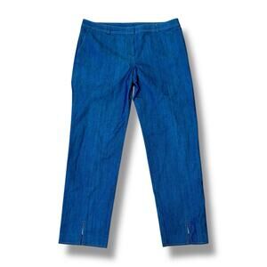 St John Size 14 Blue Denim Contrast Stitch Side Zip Wide Leg Pants Jeans USA